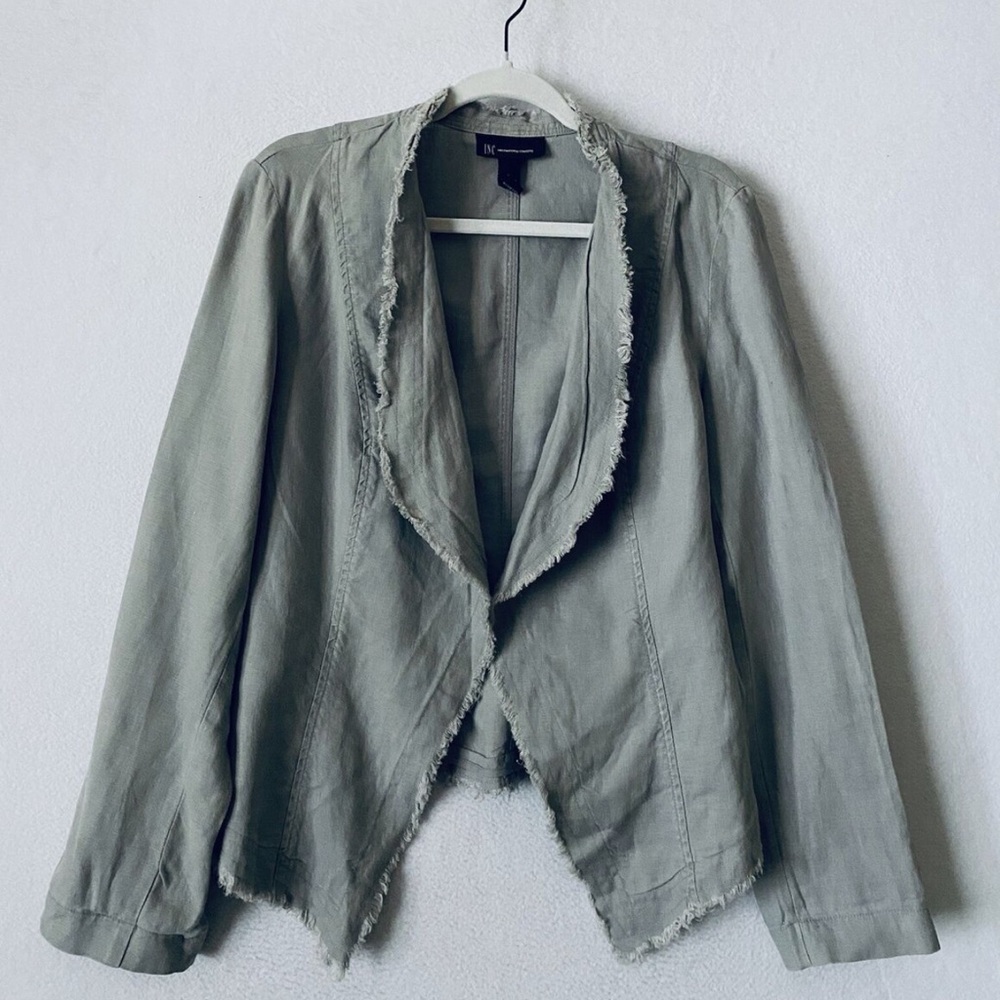 INC International Concepts Jacket Womens Large Gray Open Front Linen Fringe Trim
